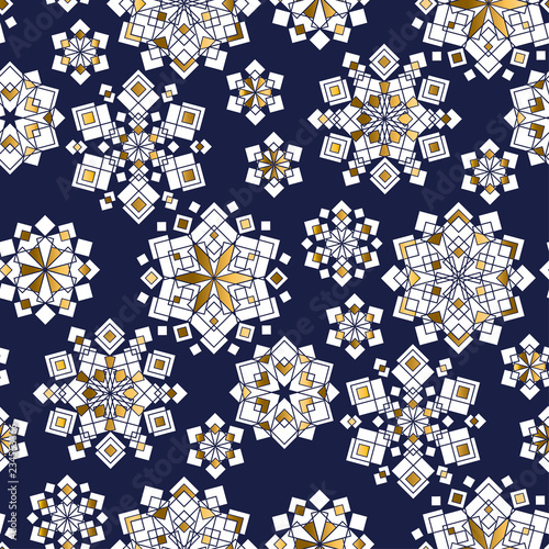 Blue and gold snowflakes geometric seamless pattern