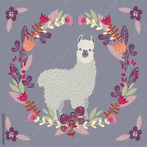 Cute llama with floral wreath in pastel color , template for card and your design. Hand drawing flat doodles vector