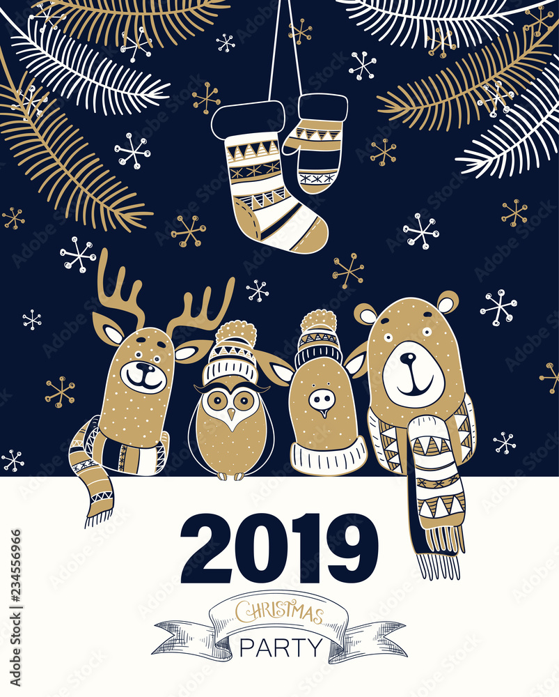 Fototapeta Christmas party 2019 plakat lub zaproszenie ze zwierzętami z kreskówek.