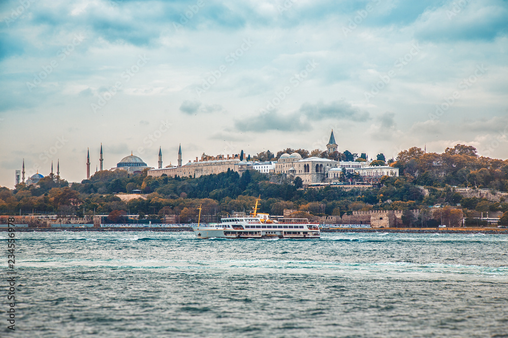 View of historical part of Istanbul with Topkapi palace, Hagia Sophia and Sultanahmet