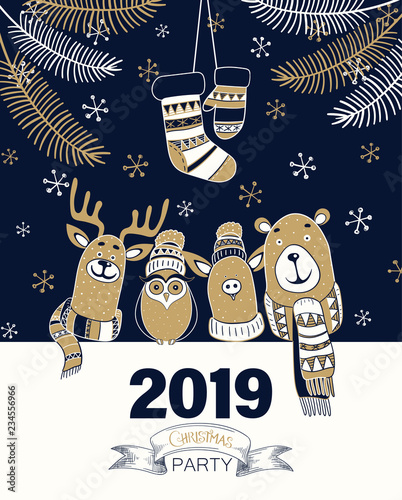 Christmas party 2019 poster or invitation with cute cartoon animals.