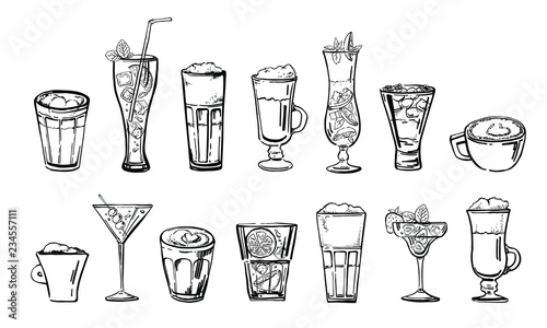 Coffee and cocktail drinks set. Hand drawn outline cartoon vector sketch. Black on white background