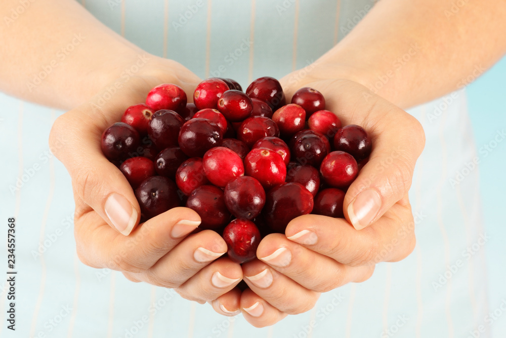 WOMAN WITH HANDFUL OF FRESH CRANBERRIES WOMAN WITH HANDFUL OF FRESH CRANBERRIES
