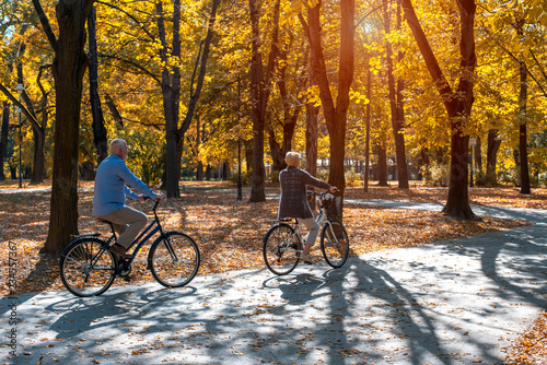 Active Senior Man And Woman Riding Bikes In Park Together