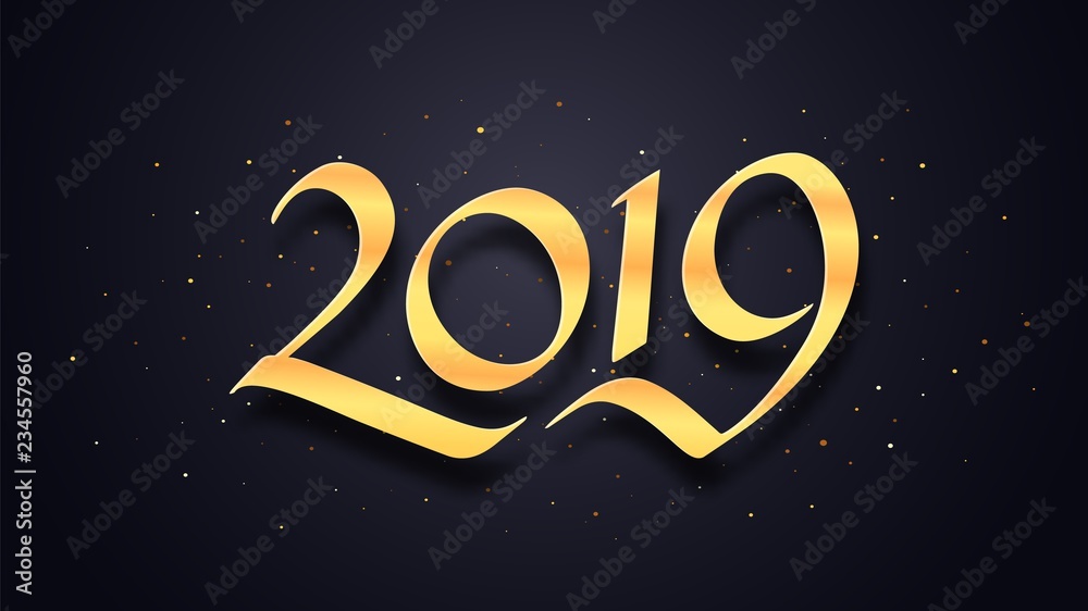 Happy New Year 2019 wishes typography text and gold confetti on luxury black background. Premium vector illustration with lettering for winter holidays