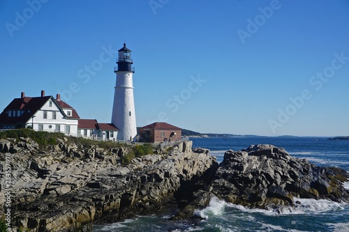 Cape Elizabeth, Maine, USA: The Portland Head Light (1791), on a head of land at the entrance to the primary shipping channel of Portland Harbor, is the oldest lighthouse in Maine.