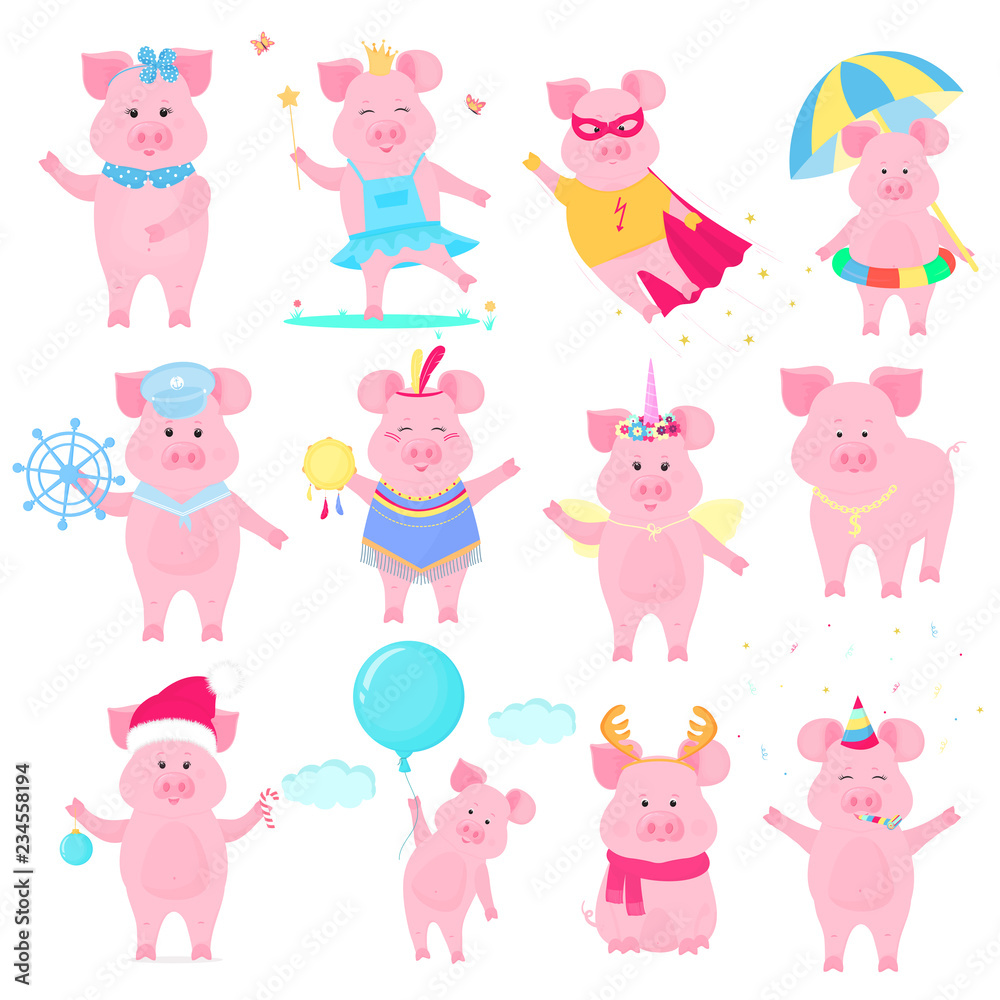 Cute piggy in different costumes. Superhero, Princess, Santa Claus. Funny animal. The symbol of the Chinese New Year. Pig cartoon character