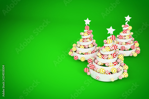 Abstract festive spiral christmas tree made of white ribbon with dotted and striped xmas balls. 3d render illustration.