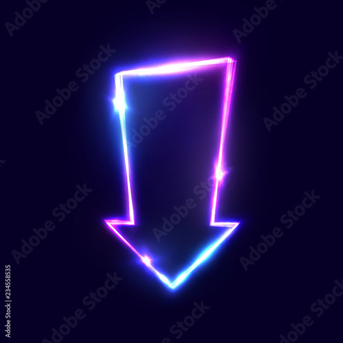 Arrow vector background. 3d abstract city move neon sign on dark blue backdrop. Glowing road pointer design with light flash sparkles flares. Color direction sign illustration.