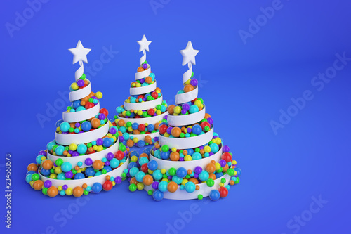 Abstract festive spiral christmas tree made of white ribbon with rainbow xmas balls. 3d render illustration on blue background.