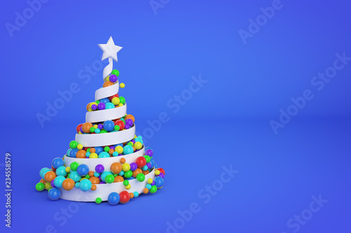 Abstract festive spiral christmas tree made of white ribbon with rainbow xmas balls. 3d render illustration on blue background.
