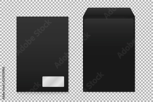 Vector mockup of Black a4 paper empty envelope with window. Dark vertical postage closed and open cover template. 3d illustration for your corporate identity design. Back and front view