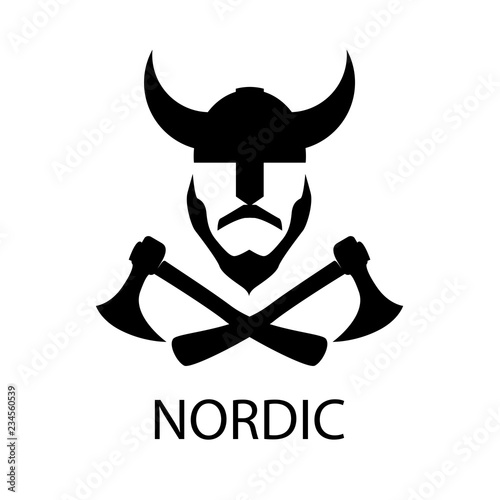 Viking in a horned helmet w...