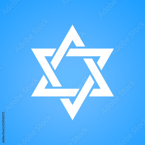 Stylized Star of David white color on blue background. Tanah Hexagram symbol of Israel judaism.