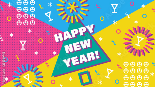 Happy new year greeting card.Memphis style celebration banner for christmas 2019