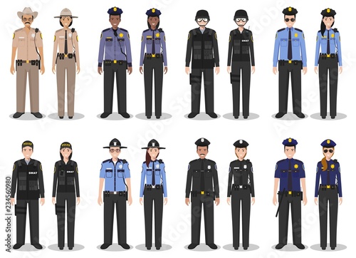 Police people concept. Set of different detailed illustration of SWAT officer, policeman, policewoman and sheriff in flat style on white background. Vector illustration. photo
