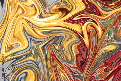 Liquify Abstract Pattern With Red, Yellow, Green And Grey Graphics Color Art Form. Digital Background With Liquifying Flow.