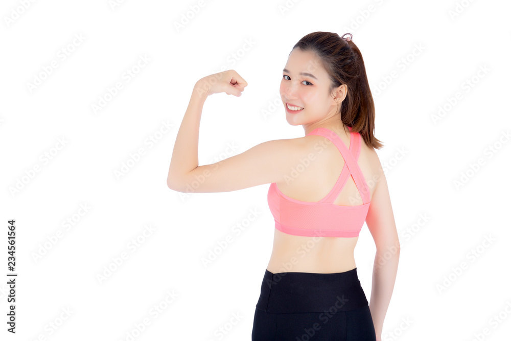 Beautiful portrait young asian woman wear sport clothes have strong and muscle with health, girl show biceps with exercise and workout for wellness isolated on white background, strength concept. Beautiful portrait young asian woman wear sport clothes have strong and muscle with health, girl show biceps with exercise and workout for wellness isolated on white background, strength concept.