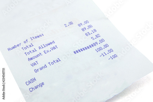 Receipt on isolated white background. photo