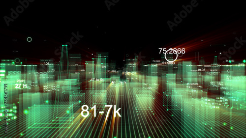 Technological digital background consisting of a futuristic city with data