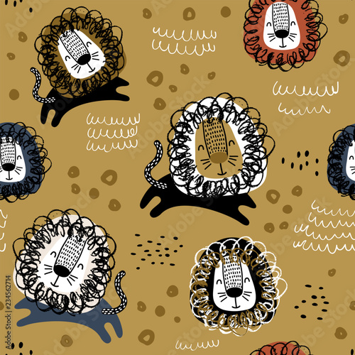 Childish seamless pattern with hand drawn lions. Trendy scandinavian vector background. Perfect for kids apparel,fabric, textile, nursery decoration,wrapping paper