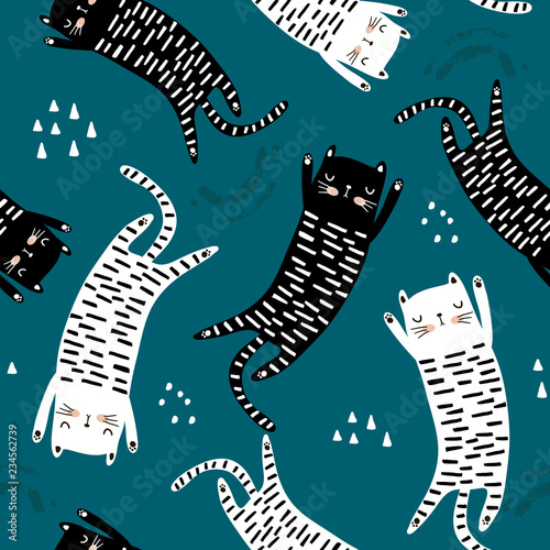 Seamless pattern with different funny cats. Creative childish texture. Great for fabric, textile Vector Illustration