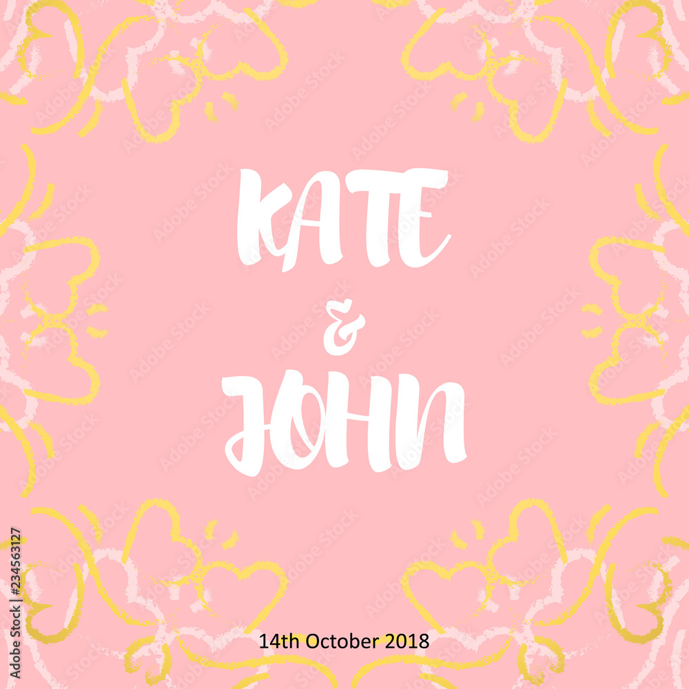 Vector Illustration. Wedding invitation card with gold floral and heart circle. Template for wedding poster, card