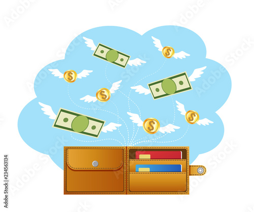 Banknotes and coins, cash with wings flying away from wallet, overspending, bankruptcy, losing money, vector illustration