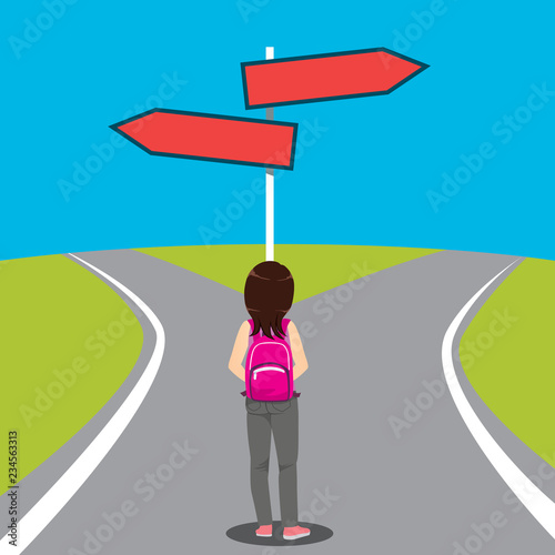 Young girl student with two different path choice direction