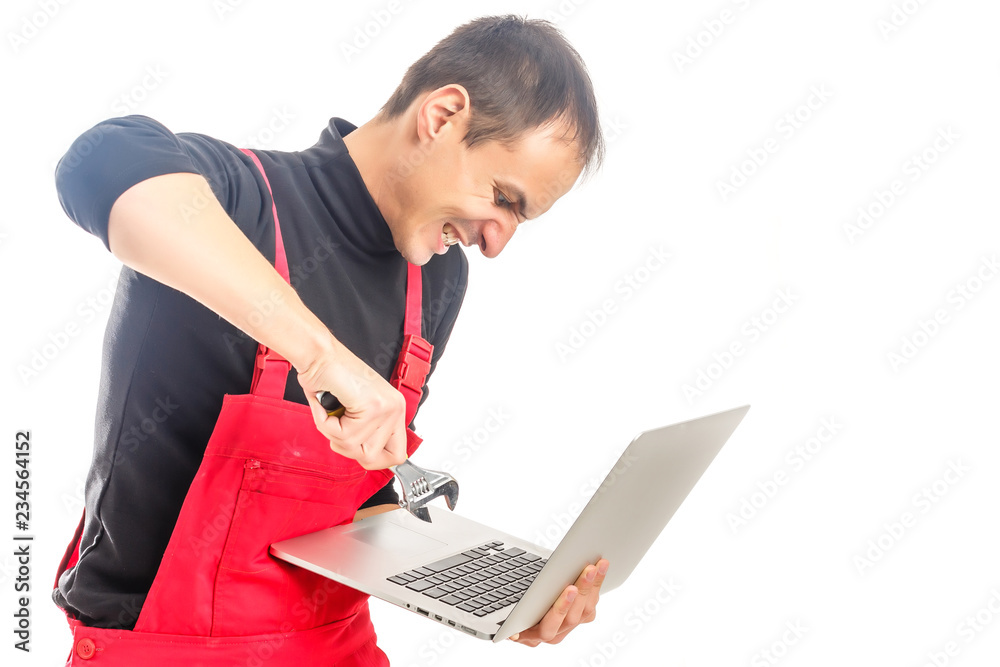 Portrait of a furious man with a hammer about to destroy his monitor - isolated on white Portrait of a furious man with a hammer about to destroy his monitor - isolated on white