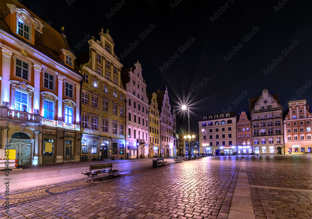 Architecture of the old town in Wroclaw at night, Poland. 