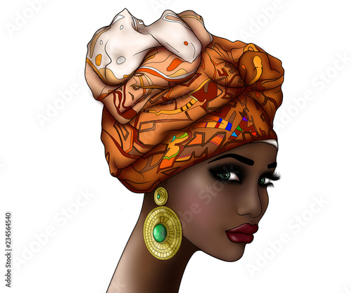 Quadro su tela Portrait of a beautiful young African woman in an orange turban