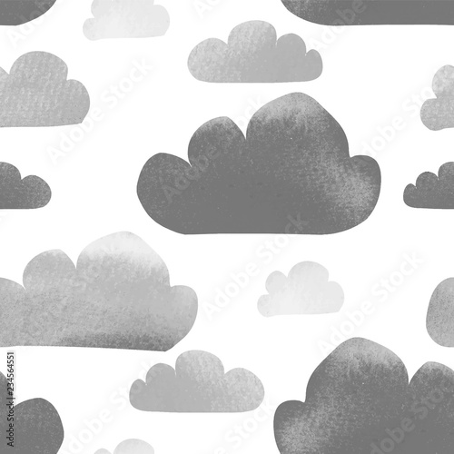 Minimalist scandinavian watercolor texture gray vector clouds isolated on white background seamless pattern. Hand painted, cartoon style. Ideal for kids