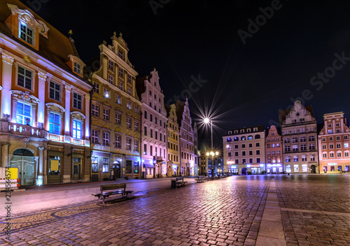 Architecture of the old town in Wroclaw at night, Poland. 
