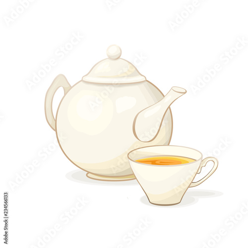 Porcelain or Ceramic Teapot Service. Black or Green Tea in Tea Cup. Isolated and Detailed Kitchen Dishes Vector Illustration. Kitchenware or Utensil Banner Design, Restaurant Menu, English Breakfast.