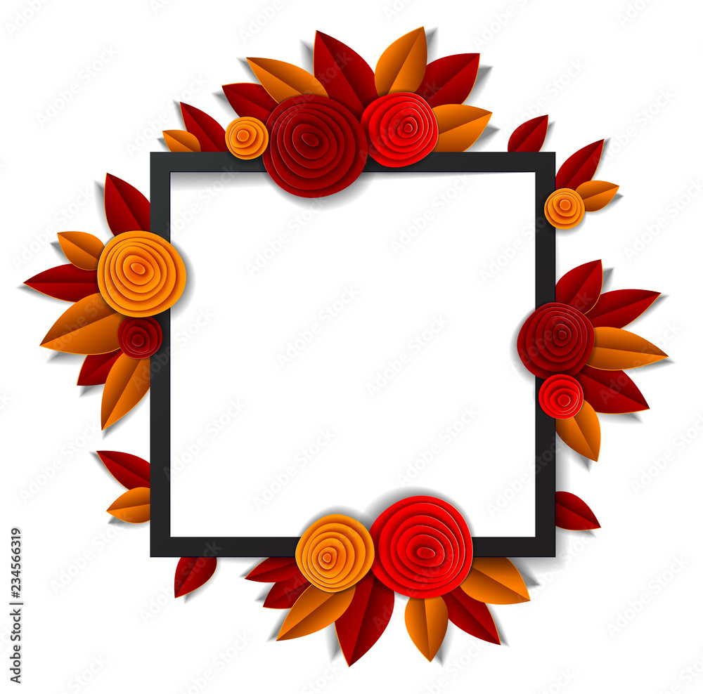 Autumn flowers and leaves beautiful background or frame with blank copy space for text, vector illustration in paper cut style. Wedding invitation or romantic greeting card. Autumn flowers and leaves beautiful background or frame with blank copy space for text, vector illustration in paper cut style. Wedding invitation or romantic greeting card.