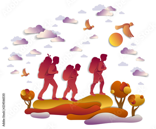 Happy active family hiking in autumn through meadows and fields with trees and birds in the autumnal sky. Father mother and son hikers having time of freedom in nature, vector illustration.