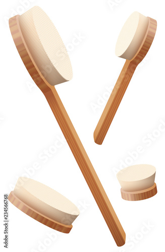 Body brushes, loosely arranged. Set of four different health and beauty treatment accessories for skincare, massage, exfoliation and to stimulate the blood circulation. Isolated on white background.