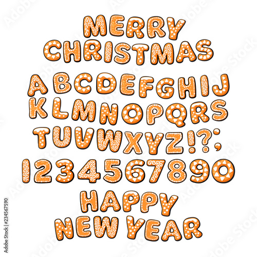 Gingerbread cookies alphabet. Merry Christmas and Happy New Year text. Cartoon letters and numbers. Hand drawn vector illustration.