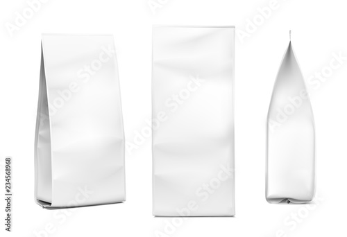 Snack bag mockup on white background. Fron, side and perspective views. Vector illustration. Can be use for template your design, promo, adv. EPS10.