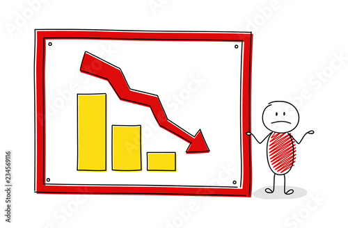 Sad stickman with rising column graph. Vector.