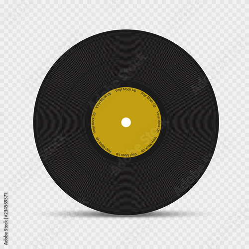 Realistic 3d black vinyl record mockup. Retro design disk template. Front view with shadow