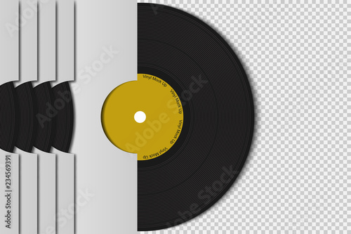 Realistic 3d black vinyl record set mock up  in white paper cover. Retro design disk template in case. Front view with shadow. Vintage background