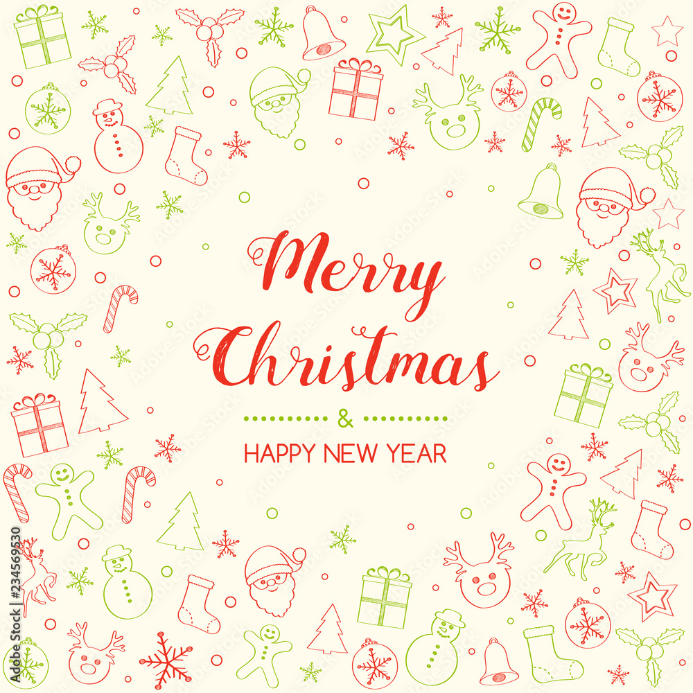 Merry Christmas and Happy New Year - greeting card with hand drawn ornaments. Vector.