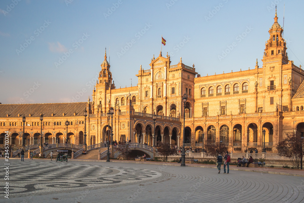Spain, Andalusia, Seville, foreshortenings of the architectures of Plaza de Espana