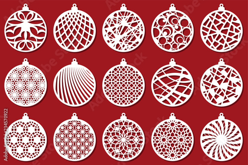Set Modern Christmas ball. New Year's Toy for laser cutting. Vector illustration.