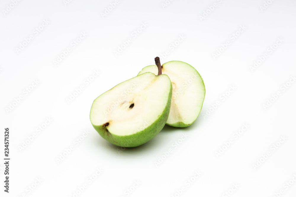 Fresh green pear half isolated on white background as package design element,green pear fruits isolated on white background, Green Pear on a White Background Fresh green pear half isolated on white background as package design element,green pear fruits isolated on white background, Green Pear on a White Background