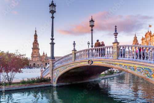 Spain, Andalusia, Seville, foreshortenings of the architectures of Plaza de Espana