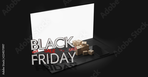 Black Friday Notebook with packages online shopping concept 3d-illustration