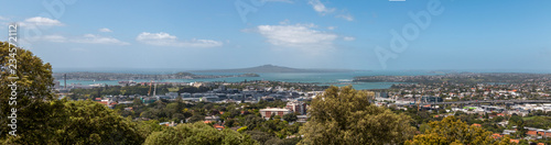 Panorama view of Rangitoto Island seen from Mount Eden, Auckland, New Zealand.